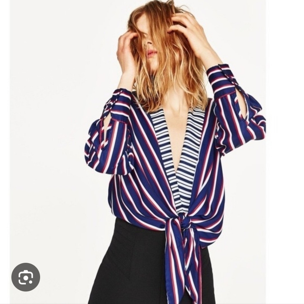 Voila Striped Vee Neck Tie Front Bodysuit